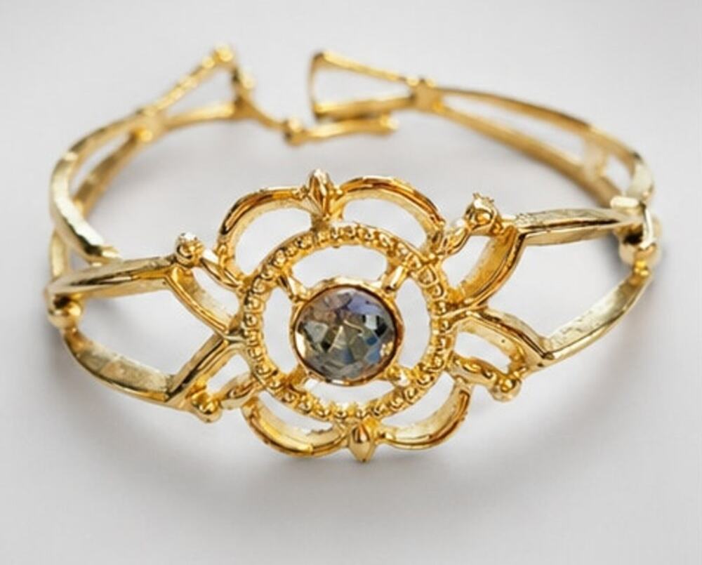 Gold Blue Rhinestone Link Bracelet 6.5" Mid Century Wide, Vintage Jewelry gbr-54